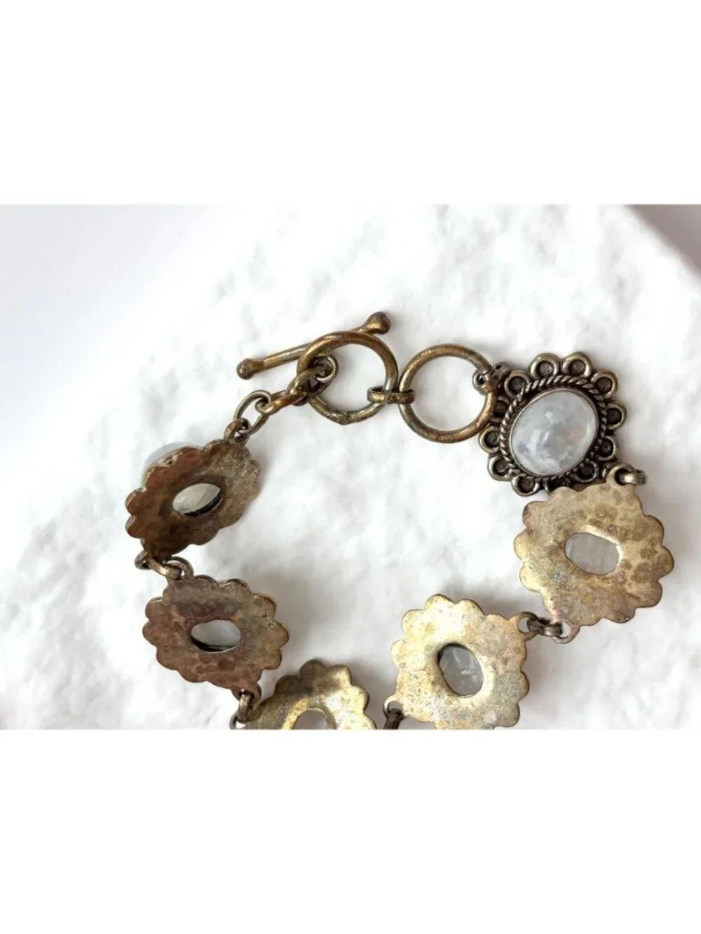 Iridescent Moonstone Vermeil Floral Sterling Silver 925 Vintage Bracelet